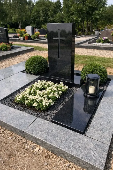 Juodo granito paminklas su iškaltu kryžiumi ir pilko granito borteliais