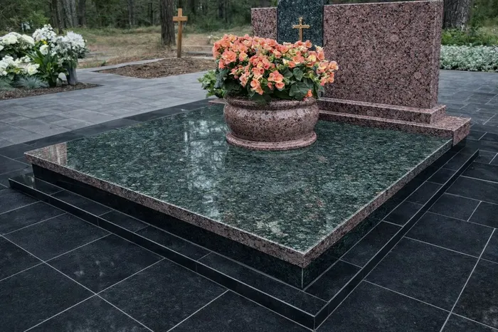 Žalio Verde Bahia granito antkapio plokštė su rausvo granito borteliais ir vazonu